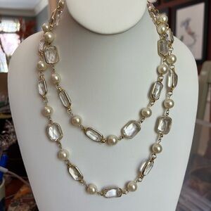 Elegant Faux Pearl and PlasticCrystal Station Necklace - Gold Tone, White Pearls